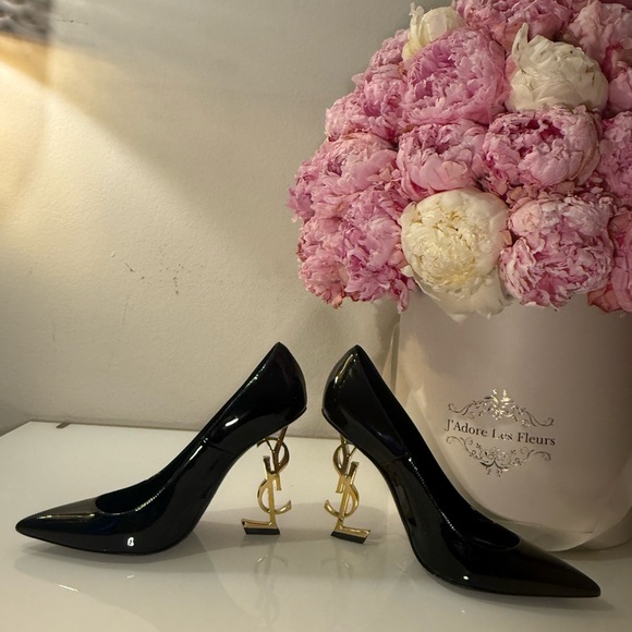 Saint Laurent Black Patent Heels with Gold Accent - Picture 7 of 10
